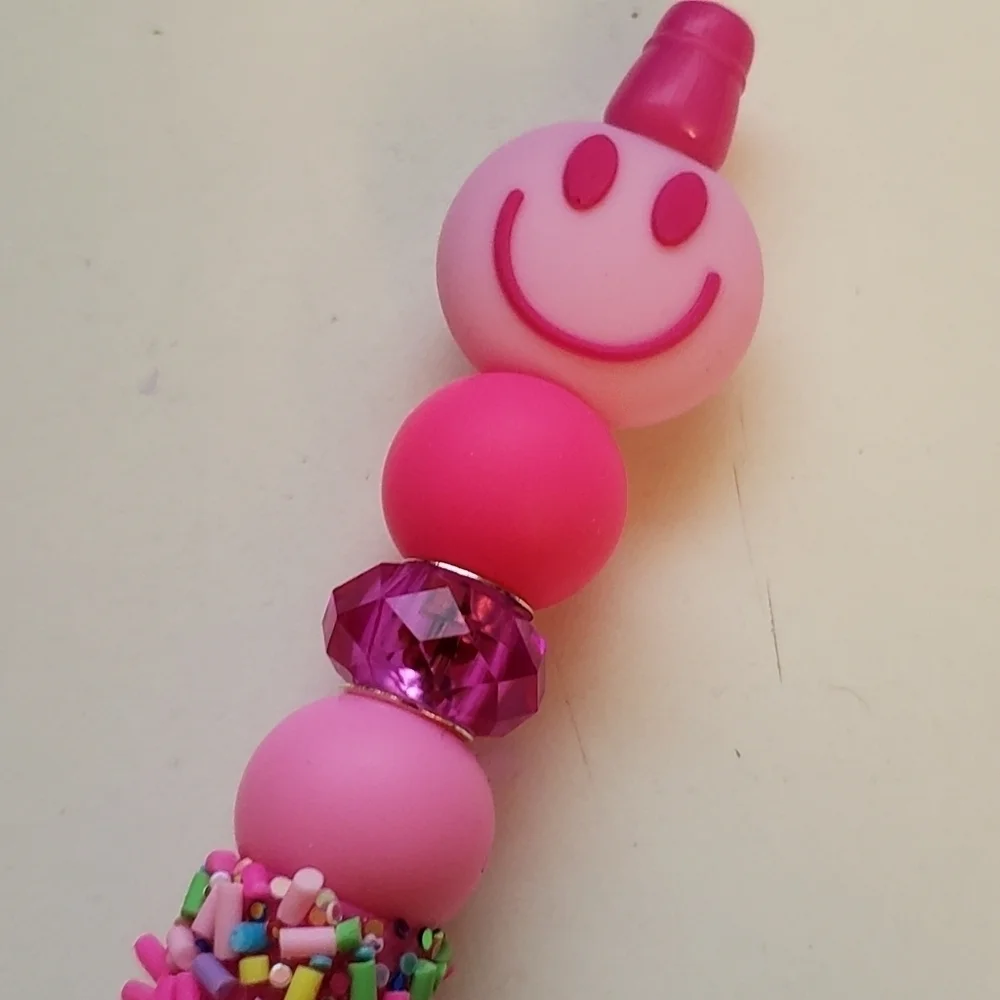 Handmade Pink Smiley Face Confetti Sprinkles Beaded Silicone Focal Bead Pen